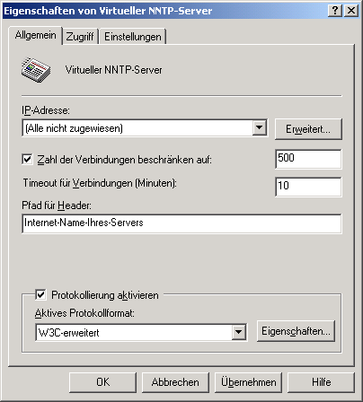 Virtueller NNTP-Server - Konfigurationsparameter