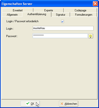 Eigenschaften Server - Authentifizierung