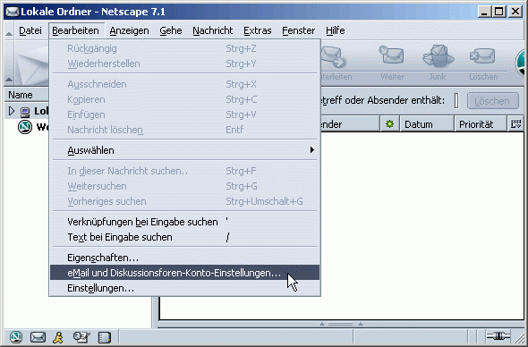 Menü: Bearbeiten / eMail und Diskussionsforen-Konto-Einstellungen