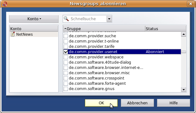 Auswahl zu abonnierender Newsgruppen