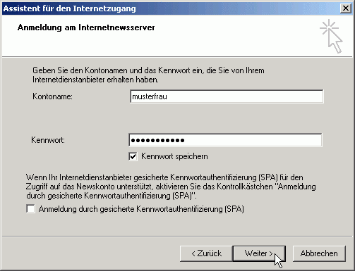 Assistent: Eingabe Kontoname und Kennwort